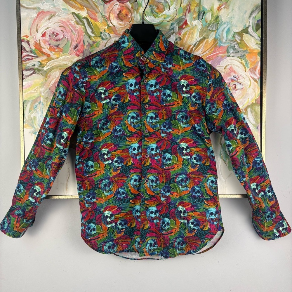 Luchiano Visconti Skull Print Button Down Shirt Small Colorful Cotton - Picture 2 of 9